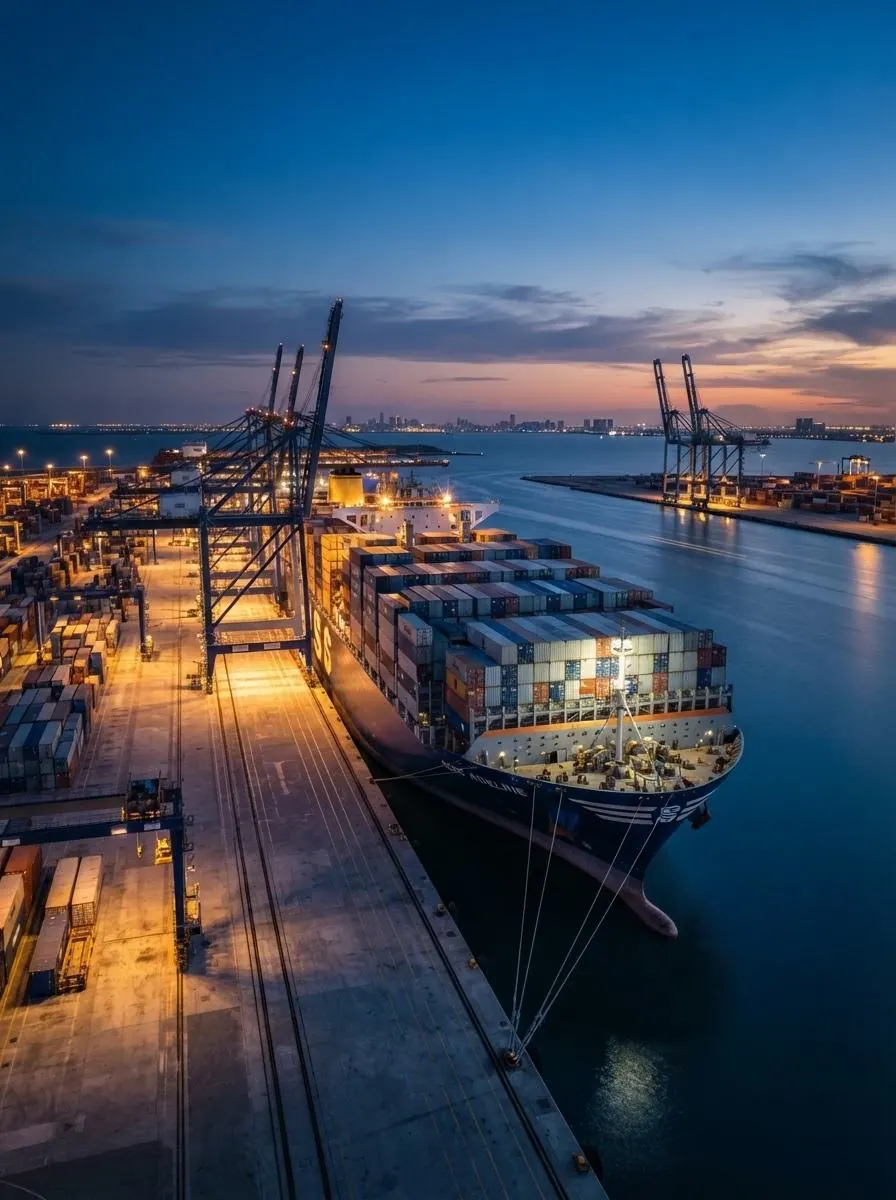 Container ship at port — Bid City export logistics